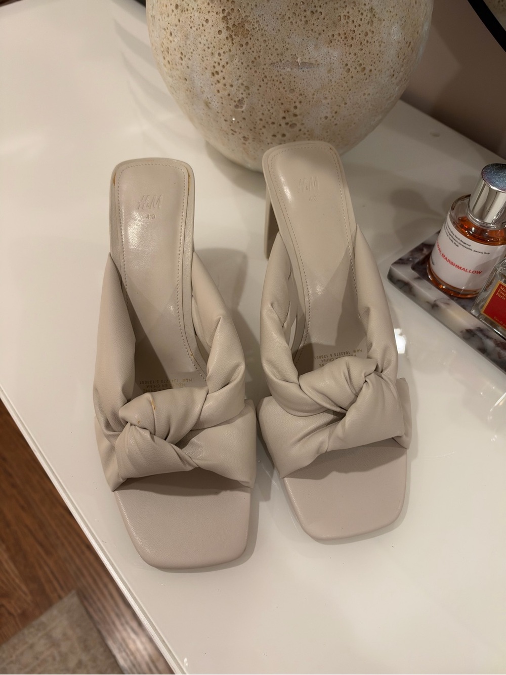 H&M Beige Knot-Front Block Heel Mules